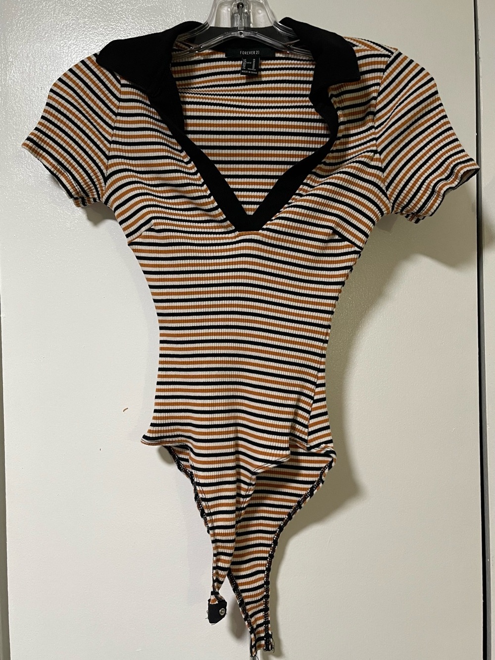 Forever 21 Black, Tan & White Striped Ribbed V-Neck Bodysuit with Collar